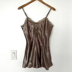 Vintage La SENZA Satin Lace Trim Pearl Lingerie Romper in Taupe and Gold |Size M